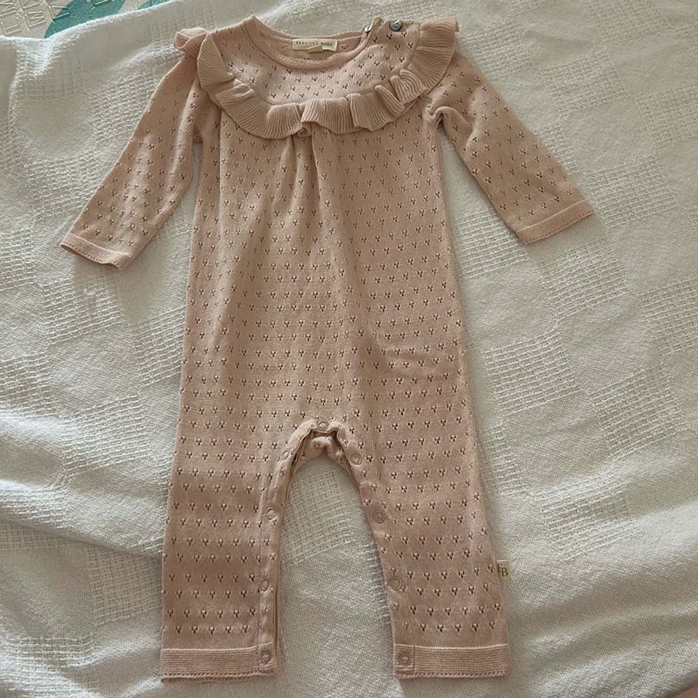 Elegant Baby Pink Ruffle Sweater Pointelle Jumpsuit